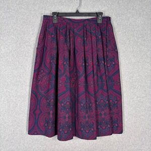 Vintage Pleated Paisley Wool Midi Skirt Sz 12 Navy Burgundy USA Pocket Secretary